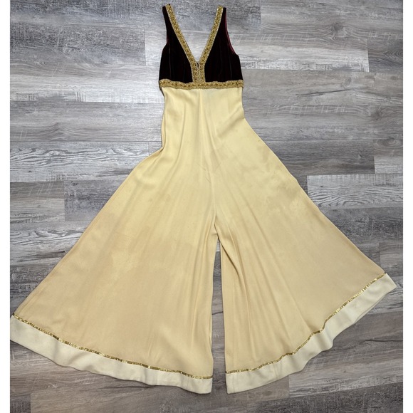 The Unbranded Brand Pants - Vintage 70s Palazzo Jumpsuit Velvet Bodice Gold Trim Wide Leg Disco Boho Glam